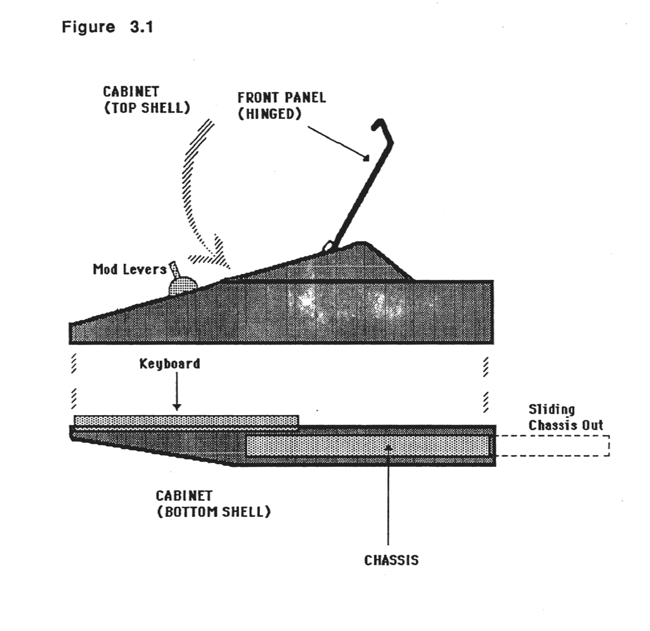 Kurzweil 250 enclosure mechanical overview showing top and bottom cabinet shells with keyboard and chassis