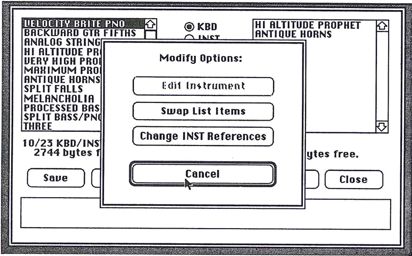 K250 editing interface showing modify options dialog