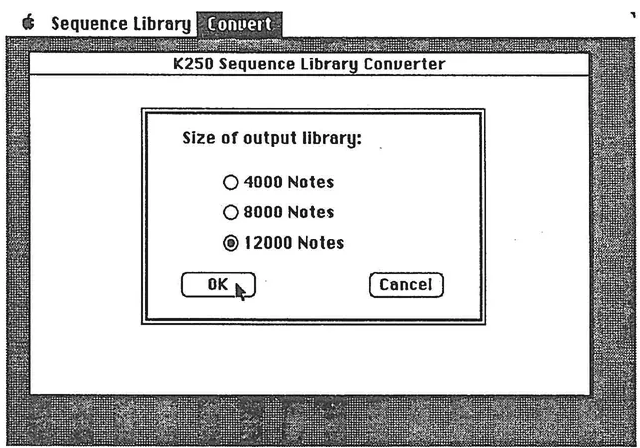 K250 Sequence Library Converter dialog window showing size selection options